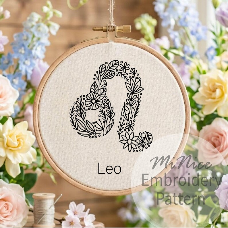 Leo Embroidery Pattern Zodiac Embroidery Flower Zodiac Hand Embroidery ...