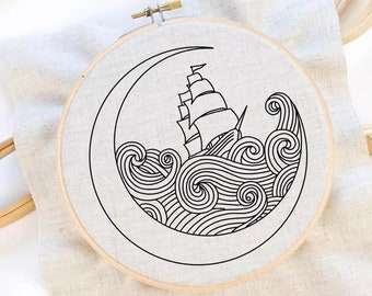 Ship Embroidery Pattern Wave Embroidery Sea Hand Embroidery Pattern Line Art Embroidery Pattern Instant Download
