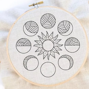 Sun Lunar Embroidery Pattern Sun Embroidery Pattern Moon Phases Embroidery Pattern PDF Instant Download