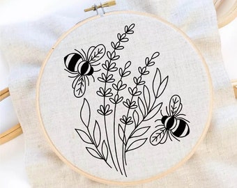 Bee Embroidery Pattern Flower and Bee Embroidery Pattern Insects Embroidery Insect Flower Embroidery Pattern PDF