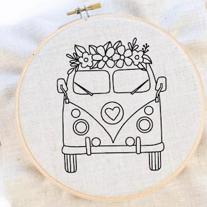May include: Black and white line drawing of a vintage van with flowers on top. The van has a heart on the front and round headlights. The image is on a white background.