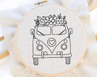 May include: Black and white line drawing of a vintage van with flowers on top. The van has a heart on the front and round headlights. The image is on a white background.