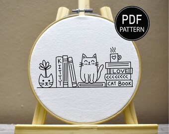 Cat and Books Embroidery Pattern Book Lover Embroidery Cat Embroidery Pattern Cactus Embroidery Pattern Download