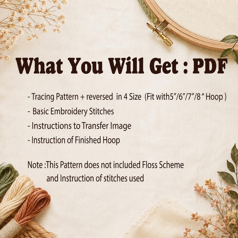 May include: A digital PDF embroidery pattern listing featuring the text What You Will Get : PDF, listing a tracing pattern in 4 sizes for 5, 6, 7, and 8 inch hoops, basic stitches, transfer instructions, and finished hoop guidance, with a note on floss.