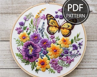 Butterfly and Flowers Embroidery Pattern Garden Embroidery Pattern Insect Embroidery Floral Hand Embroidery Pattern Instant Download