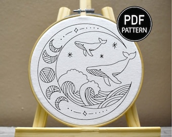 Whale Embroidery Pattern Sea Whale Embroidery Lunar Moon Phases Pattern Flower Moon Hand Embroidery Pattern Embroidery Pattern Download