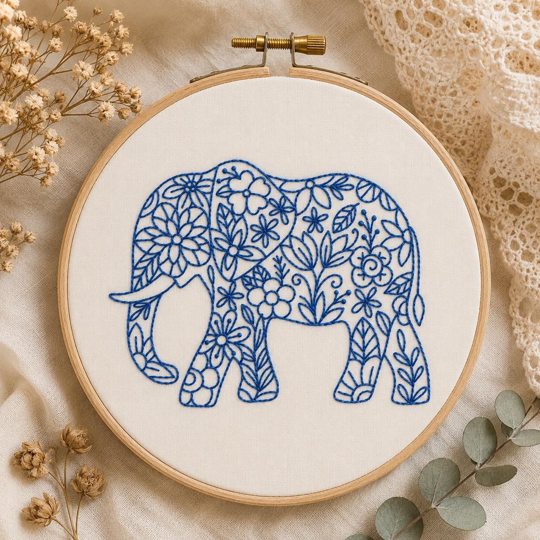 象のアート刺繍 花の刺繍 動物のアート刺繍パターン 象の手刺繍 PDF