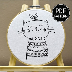 Cat Embroidery Pattern Cat Line Art Embroidery Kitten Embroidery Pattern Flower Cat Embroidery PDF