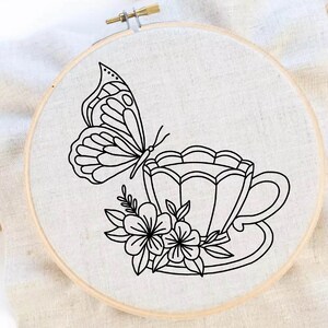Tea Cup Embroidery Pattern Tea Time Hand Embroidery Tea Cup Flower Hand Embroidery Pattern Butterfly Hand Embroidery PDF Pattern