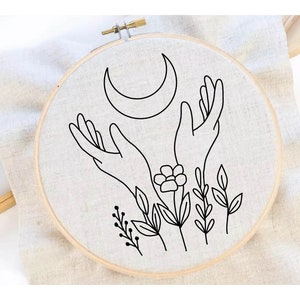 Moon Flower Embroidery Pattern Lunar Flower Embroidery Celestial Embroidery Pattern Flower Hand Embroidery Pattern PDF Instant Download