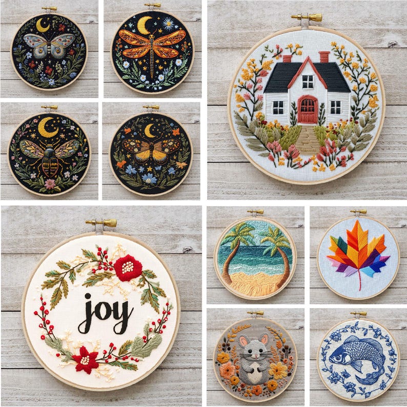 May include: A collection of 10 embroidery hoops with various designs, including a house, a dragonfly, a bee, a palm tree, a maple leaf, a mouse, and a fish. The hoops are all white with a natural wood finish and are approximately 6 inches in diameter.