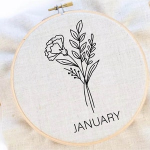 Birth Month Flower Embroidery Pattern January Flower Embroidery Carnation Embroidery Flower Hoop Art PDF Instant Download