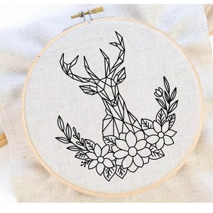 Deer Embroidery Pattern Deer and Flower Embroidery Pattern Woodland Embroidery Polygon Deer Embroidery PDF