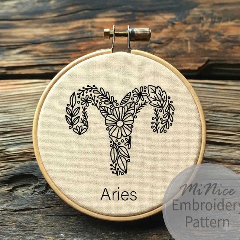 Aries Embroidery Pattern Zodiac Embroidery Flower Zodiac Hand ...