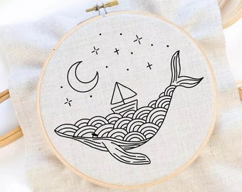 Whale and Wave Embroidery Pattern Sea Whale Embroidery Whale Embroidery Pattern Ship Hand Embroidery Line Embroidery Instant Download