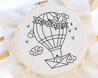 Hot Air Balloon Embroidery Pattern Flower Embroidery Stitches Hand Embroidery Pattern PDF