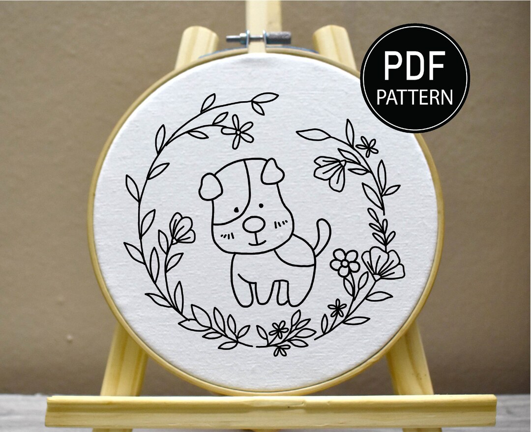 Puppy Embroidery Wreath Embroidery Dog and Wreath Embroidery Pattern