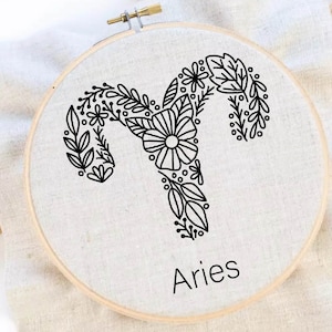 Aries Embroidery Pattern Zodiac Embroidery Flower Zodiac Hand Embroidery Pattern Floral Aries Embroidery Pattern Instant Download