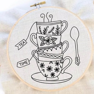 Tea Time Embroidery Pattern- Tea Cups Embroidery Pattern - Tea Cup Pattern- Embroidery Kit -Hand Embroidery Pattern- Tea Party PDF