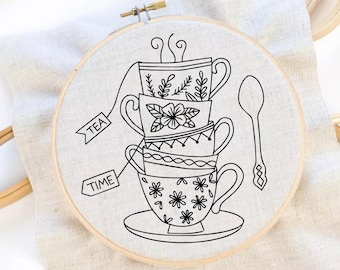 Tea Time Embroidery Pattern- Tea Cups Embroidery Pattern - Tea Cup Pattern- Embroidery Kit -Hand Embroidery Pattern- Tea Party PDF