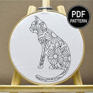 Cat Floral Embroidery Pattern Cat Lover Embroidery Cat Embroidery Pattern Flower Cat Embroidery PDF