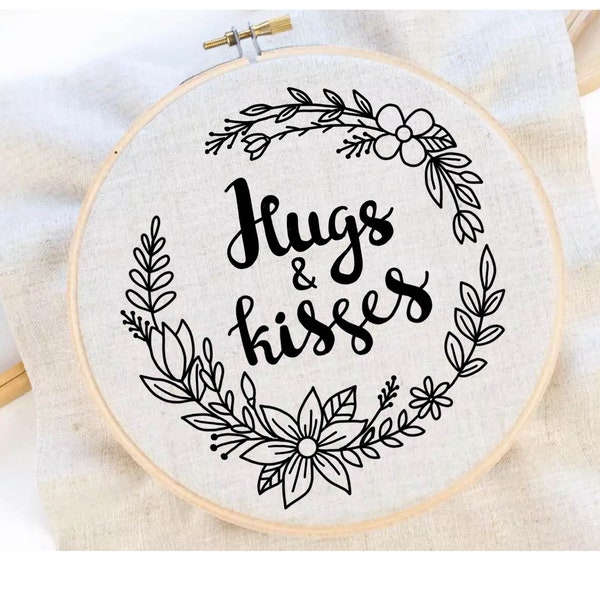 Hug and Kiss Embroidery Pattern Flower Wreath Pattern Hand Embroidery Pattern Quote Embroidery Wreath Frame Embroidery Pattern Download