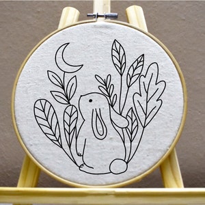 Bunny Embroidery Pattern Rabbit Plants Embroidery Cute Bunny Embroidery Pattern Moon Hand Embroidery PDF