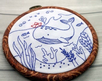 クジラと船の刺繍パターン、刺繍キット、クジラのパターン、手刺繍