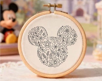 Flower Mickey Embroidery Pattern Floral Embroidery Pattern Mickey Hoop Art Flower Hand Embroidery Pattern PDF Instant Download