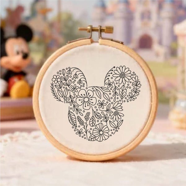 Flower Mickey Embroidery Pattern Floral Embroidery Pattern Mickey Hoop Art Flower Hand Embroidery Pattern PDF Instant Download