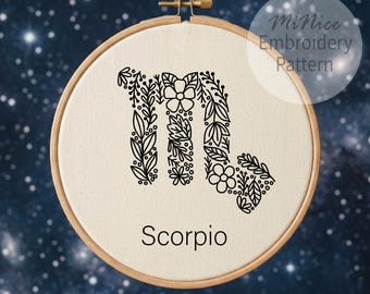 Scorpio Embroidery Pattern Zodiac Embroidery Flower Zodiac Hand Embroidery Pattern Floral Scorpio Embroidery Pattern