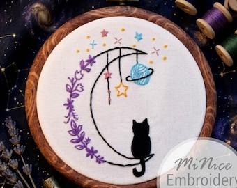 Katze auf Mond Stickmuster Luna Cat Stickmuster Mondkatze Stickerei Schwarze Katze Stickmuster Stickmuster Download