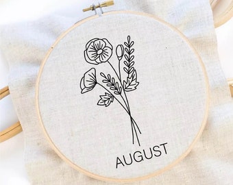 Birth Month Flower Embroidery Pattern August Flower Embroidery Poppy Embroidery Flower Hoop Art PDF Instant Download