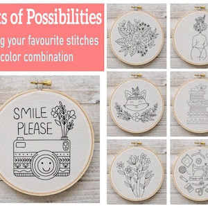May include: Six embroidery hoop designs with black line drawings on white fabric. The designs include a bouquet of flowers, a woman with flowers growing from her head, a fox with a headband, a stack of books, a bouquet of flowers, and a sewing machine with the text "made with love".
