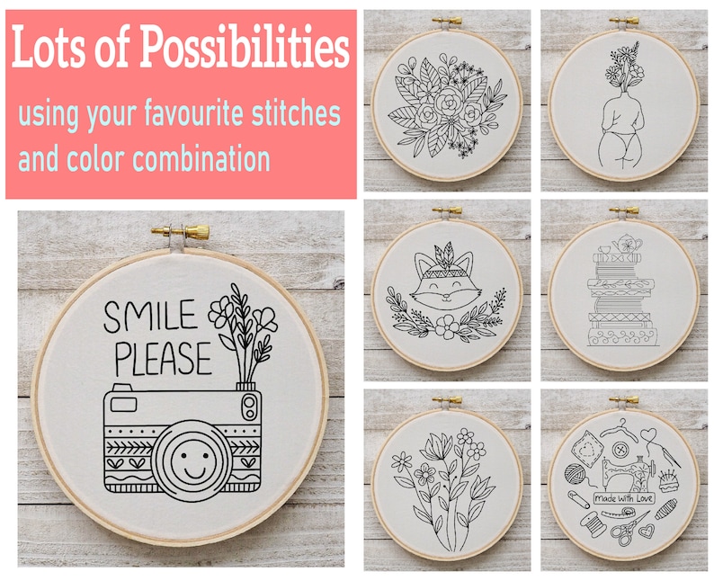 May include: Six embroidery hoop designs with black line drawings on white fabric. The designs include a bouquet of flowers, a woman with flowers growing from her head, a fox with a headband, a stack of books, a bouquet of flowers, and a sewing machine with the text "made with love".
