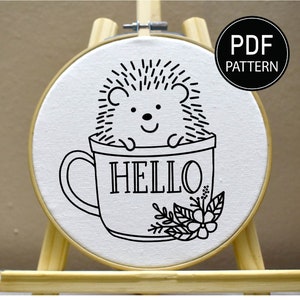 Hedgehog Embroidery Pattern Hedgehog Cup Embroidery Flower Hedgehog Embroidery Pattern Embroidery PDF