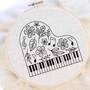 Piano Flower Embroidery Pattern Piano Embroidery Musical Instrument Embroidery Pattern Instant Download