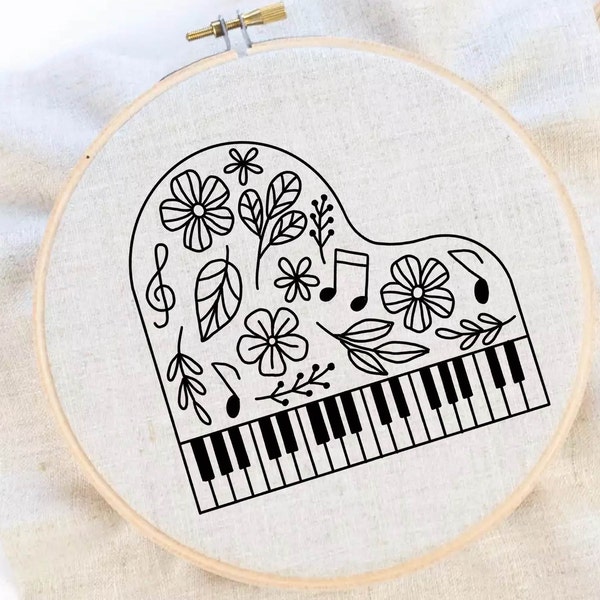 Piano Flower Embroidery Pattern Piano Embroidery Musical Instrument Embroidery Pattern Instant Download