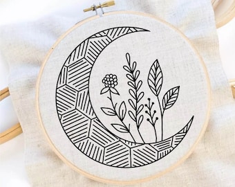 Moon Flower Embroidery Pattern Lunar Embroidery Pattern Celestial Embroidery Lunar Flower Hand Embroidery Pattern pdf Instant Download