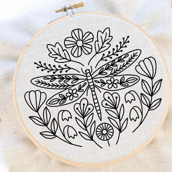 Dragonfly Embroidery Pattern Flower Dragonfly Embroidery Pattern Flower Insect Embroidery Folk Art Embroidery Pattern PDF