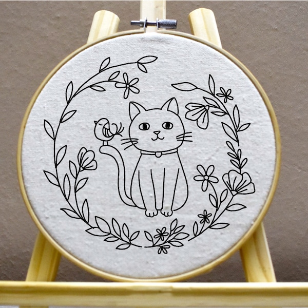 Cat Embroidery Wreath Embroidery Cat and Wreath Embroidery Pattern Cat and Bird Embroidery PDF