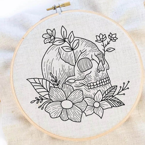 Skull and Flower Embroidery Pattern Skull Flower Embroidery Pattern Hand Embroidery Pattern Flower Embroidery PDF