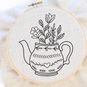 Flower Tea Pot Embroidery Pattern Bouquet Hand Embroidery Tea Flower Hand Embroidery Pattern Hand Embroidery PDF Pattern