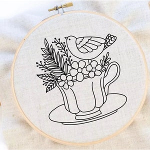 Bird and Flower Embroidery Pattern Bird Embroidery Flower Cup Pattern Flower Hand Embroidery Pattern PDF Instant Download