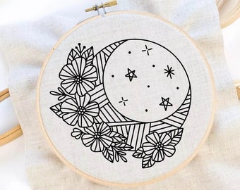 Moon Flower Embroidery Pattern Line Art Pattern Hand Embroidery Pattern Moon Embroidery Wreath Flower Embroidery Pattern Instant Download