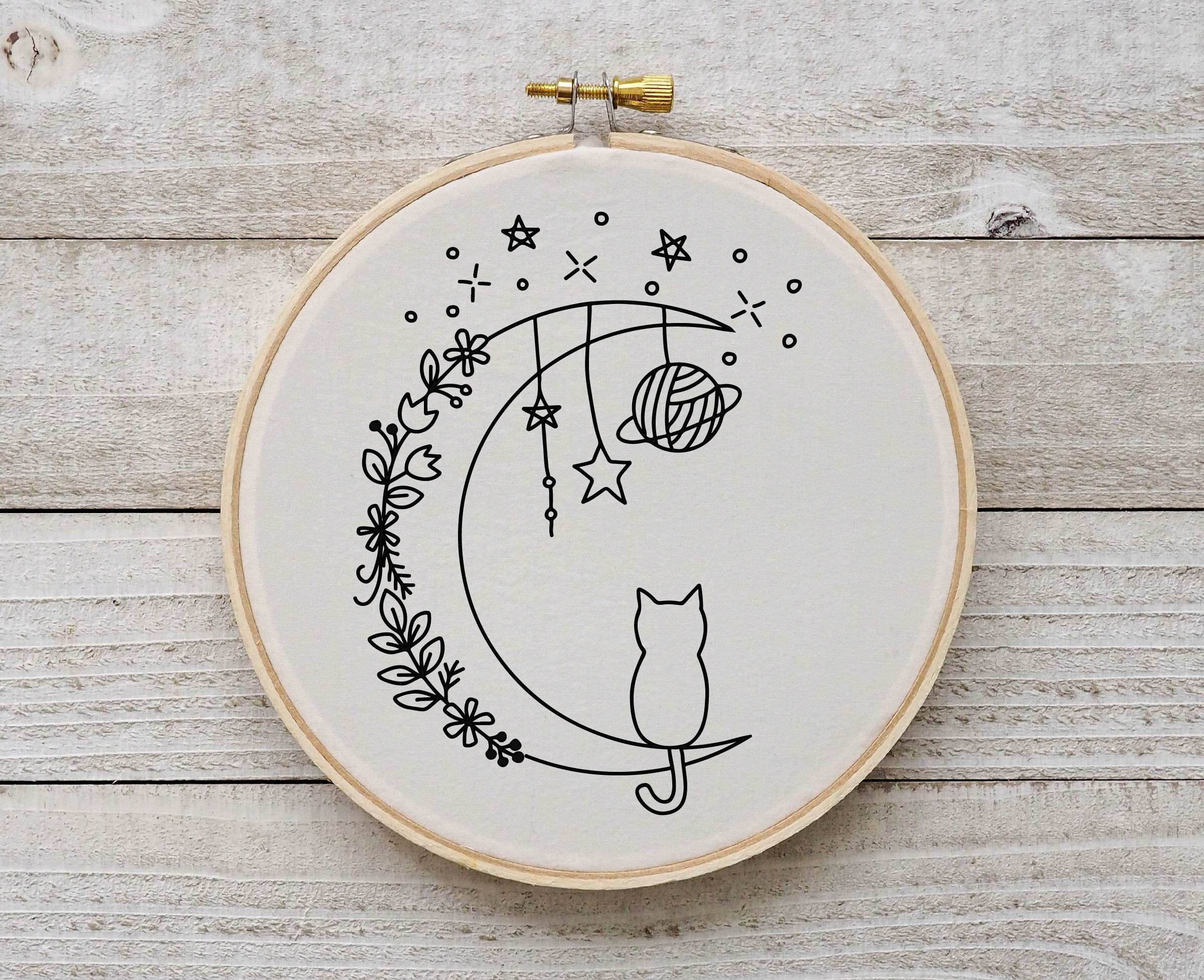 猫と月の刺繍パターン 猫の花の刺繍パターン 月の花の刺繍の即時