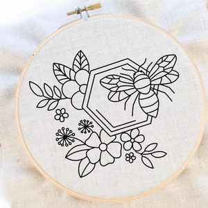 Bee and Flower Embroidery Pattern Bee Hive Embroidery Pattern Insect Embroidery Flower Embroidery PDF