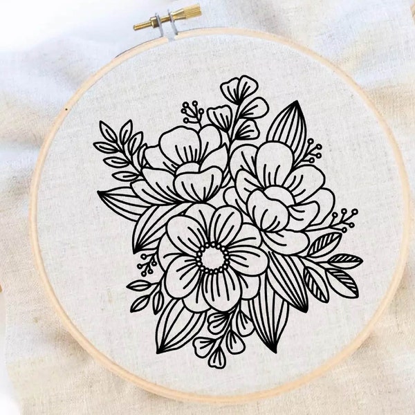Flower Embroidery Pattern Floral Line Art Embroidery Pattern Bouquet Embroidery Flower Hand Embroidery Pattern PDF