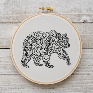 Bear Embroidery Flower Bear Embroidery Animal Art Embroidery Pattern Bear Art Hand Embroidery PDF