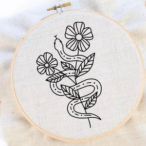 Snake Embroidery Pattern Flower Snake Embroidery Whimsical Pattern Flower Hand Embroidery Pattern PDF Instant Download